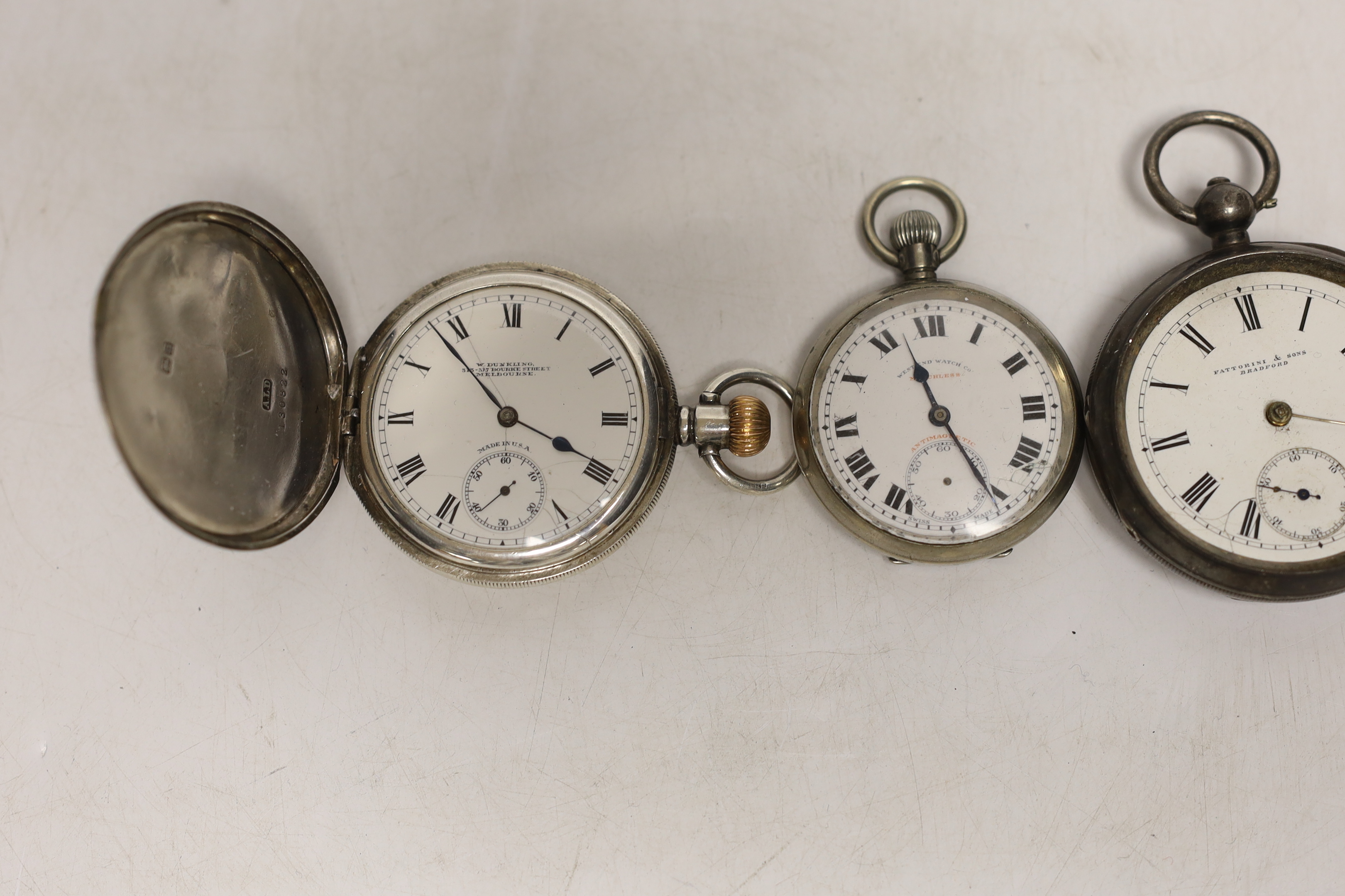 Four assorted pocket watches including gold plated Elgin and silver hunter retailed by Dunkling, Melbourne.